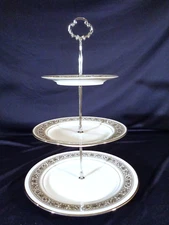 Noritake Prelude 7570  3 Tier Hostess Party Tidbit Tray Black Scroll & Fan Band