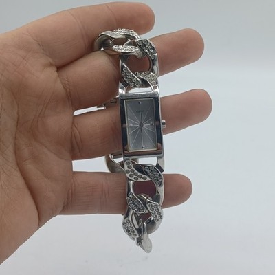 Guess Ladies U10568L1 Silver Tone Gem Stones Chain Bracelet Quartz 18mm Watch 8''