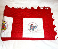 Vintage Red  White Raggedy Ann Andy Embroidery Hand Quilted Baby Blanket 35 X 4