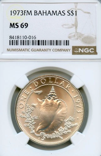 BAHAMAS $1 DOLLAR SILVER 1973 MS-69 NGC SUPERB GEM CONCH SHELL NICE