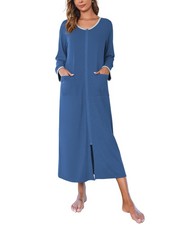 Women Long House Coat Zipper Front Robes Full Length Nightgowns with Pockets ...