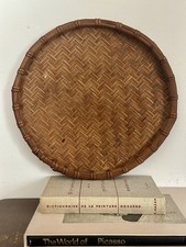 Round Woven Bamboo Serving Tray With Herringbone Pattern