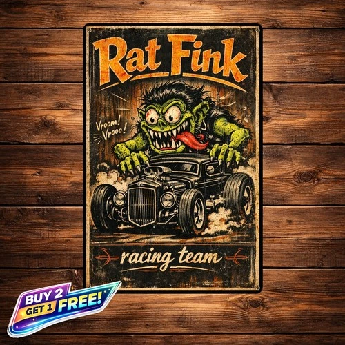 Rat Fink Racing Team Vintage 8x12 Wall Art Tin Metal Sign Hot Rod Garage Decor