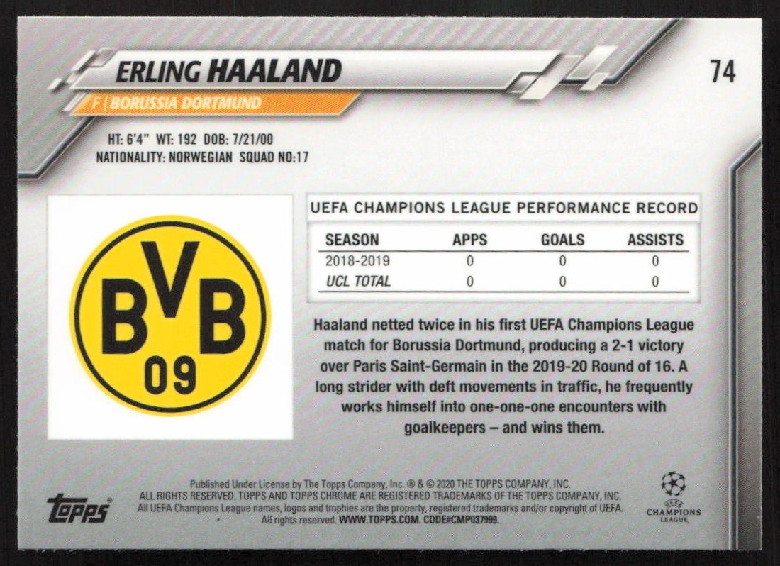 2019 Topps Chrome UEFA Champions League Erling Haaland #74 IM1 view 2