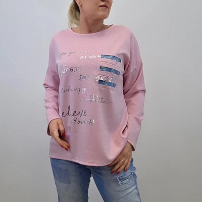 Damen Langarmshirt Casual Jeans-Applikation Silberschrift Größe 38 40 42 Pink - Bild 1 von 4