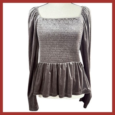 GAP Velvet Smocked Peplum Top Square Neck Long Sleeve Brown Noir Size M