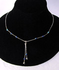 Lariat Necklace Liquid Silver Beaded Vintage Blue Green Azurite Beads Sterling