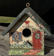 Hand Painted Bird House 6.75  Tall Cottage Decor Flowers Signed Edwards  95