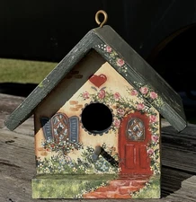Hand Painted Bird House 6.75” Tall Cottage Decor Flowers Signed Edwards ‘95