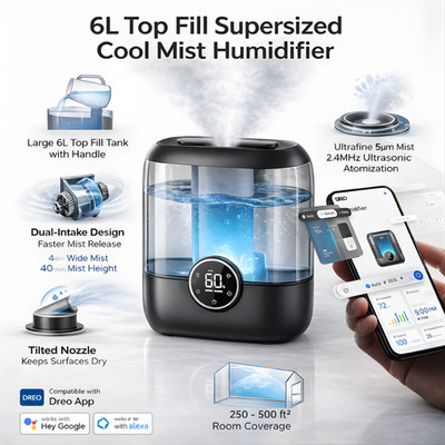 Smart Humidifier 6L Top Fill Cool Mist Large Room Bedroom Quiet Ultrasonic Baby