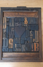 wooden letterpress type in frame.assorted type.frame 29 cms x 38 cms.