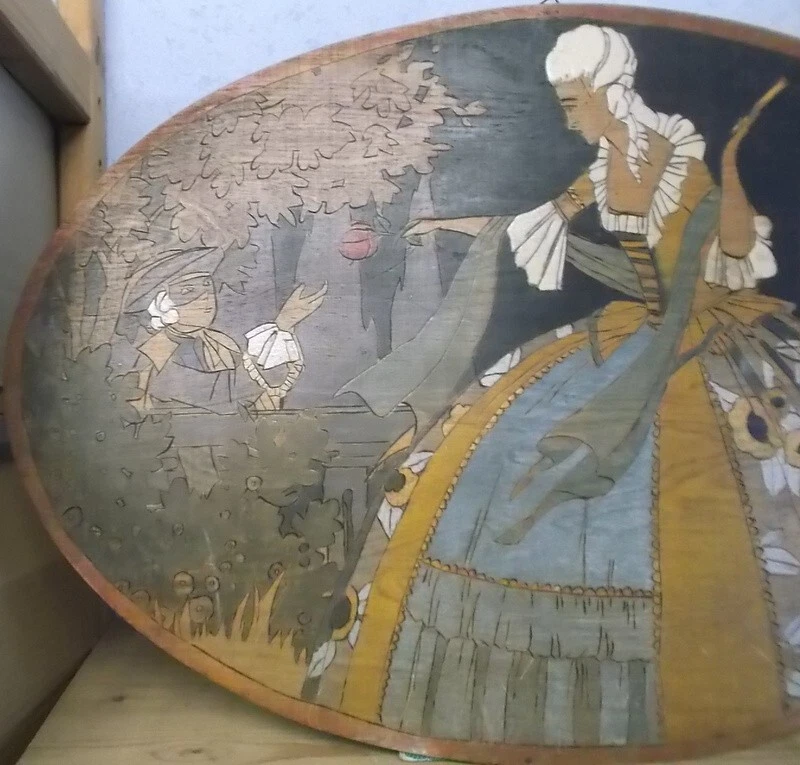 PYROGRAVURE POLYCHROME JOLI PANNEAU OVALE PYROGRAVE SCENE GALANTE (P1) - Photo 2/4