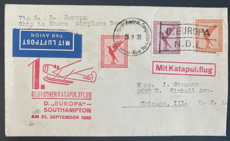 1930 Germany Catapult First Flight Airmail Cover D Europa To Chicago IL Usa 1