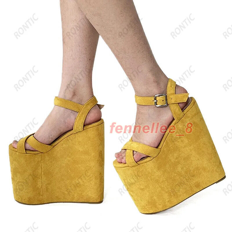 Women Platform Sandals Wedges Ultra High Heels Peep Toe Black