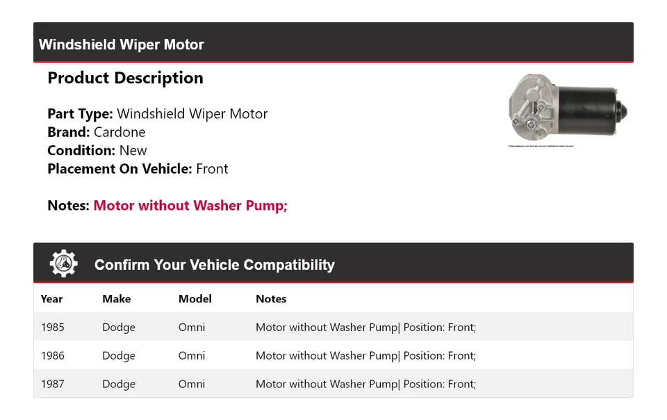 Para Dodge Omni 1985-1987 Limpiaparabrisas Motor Delantero Cardone 1986 Foto 2 de 4