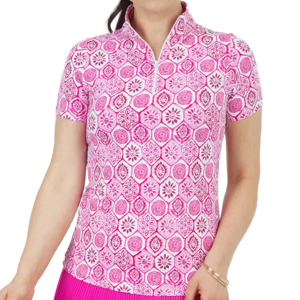 IBKUL Terra Mock Neck Zip Top Size S L XL XXL Pink Short Sleeve Golf Ladies NWT