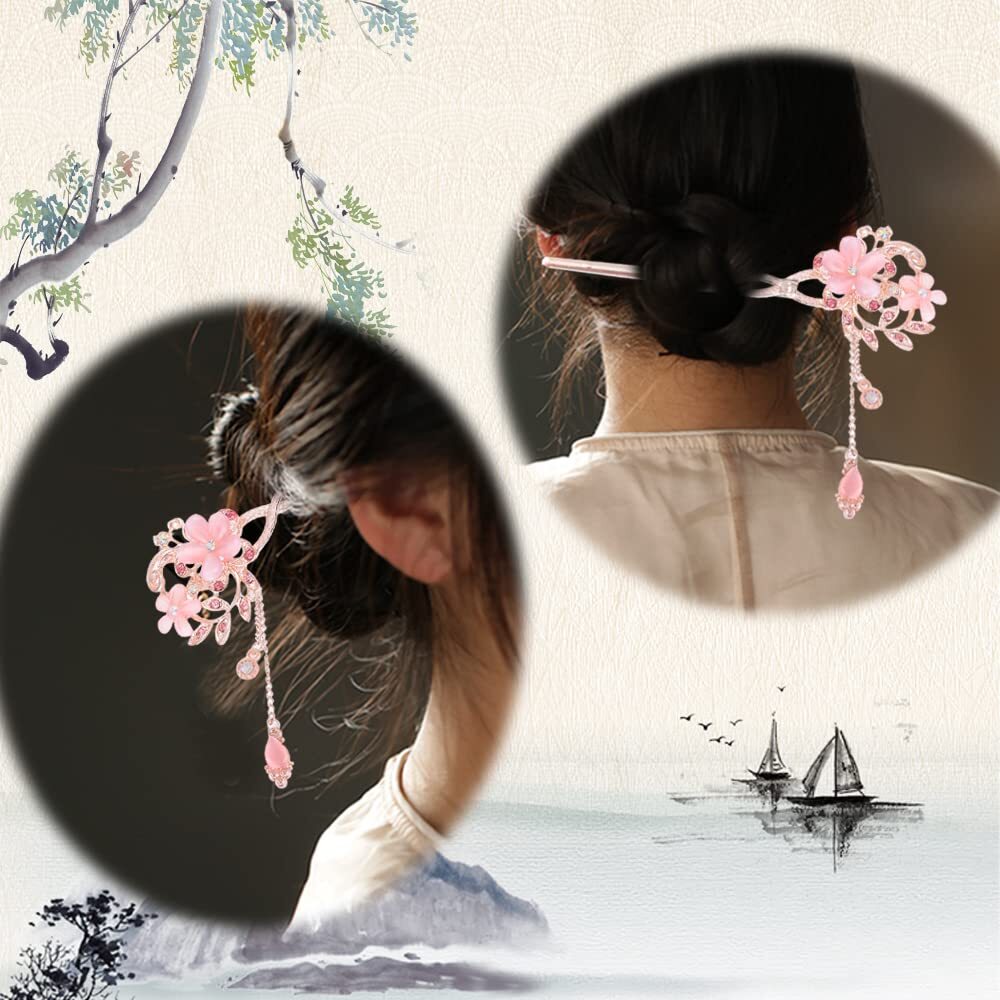 5 Colors Chinese Flower Hair Sticks Retro Glitter Rhinestone Hairpin Tassel