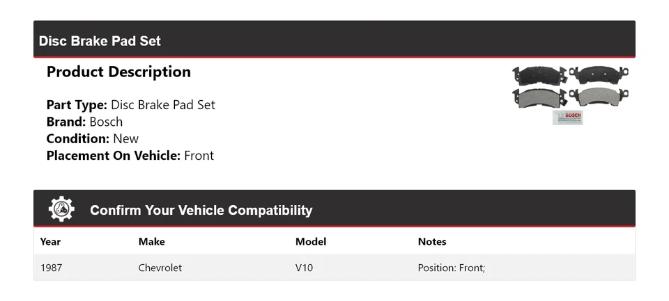 Pastillas de freno delanteras semimetálicas de servicio severo Bosch 1987 Chevrolet V10 Foto 2 de 3
