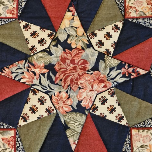 Vintage 90s Hand Stitched Star Quilt Tapestry Wall Hanging Blue Roses Red 44x52 - Picture 2 of 10