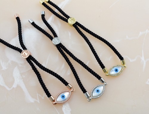 Greek Turkish Evil Eye Shell Black Rope Rose Gold Silver Adjustable Bracelet - Picture 3 of 6