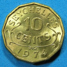 Seychelles 10 Cents Coin 1974, Lustrous High Grade, KM-10, Combined Shipping