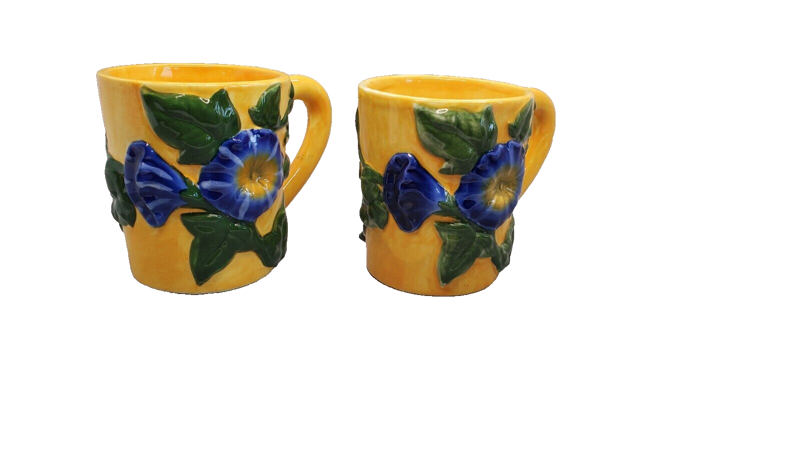 (2) Vintage Yellow Coffee/Tea Mugs with Blue Flower, Unique!
