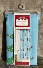 Holiday Time Christmas Fabric Shower Curtain Lt.Blue-Santa  Trees 72  x 72  NIP