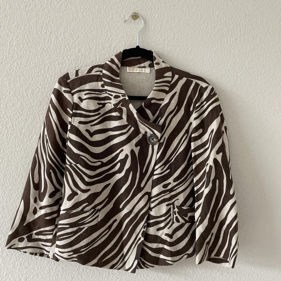Michael Kors Women’s Jacket Sz 8-10 Linen Swing Tan Animal Print Breast 40” - Image 3 of 4