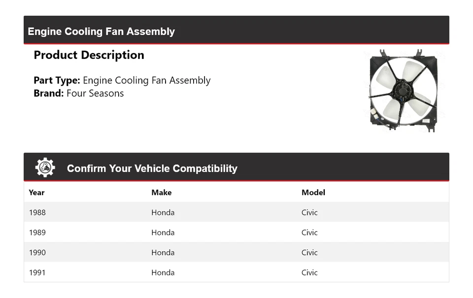 Conjunto de ventilador de refrigeración del motor Honda Civic 1988-1991 4 estaciones 1989 1990 Foto 2 de 4