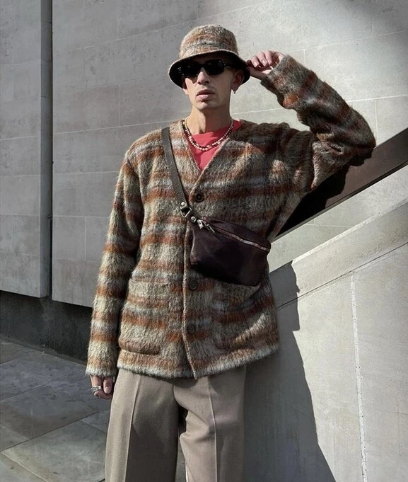 Plaid top cardigan mens
