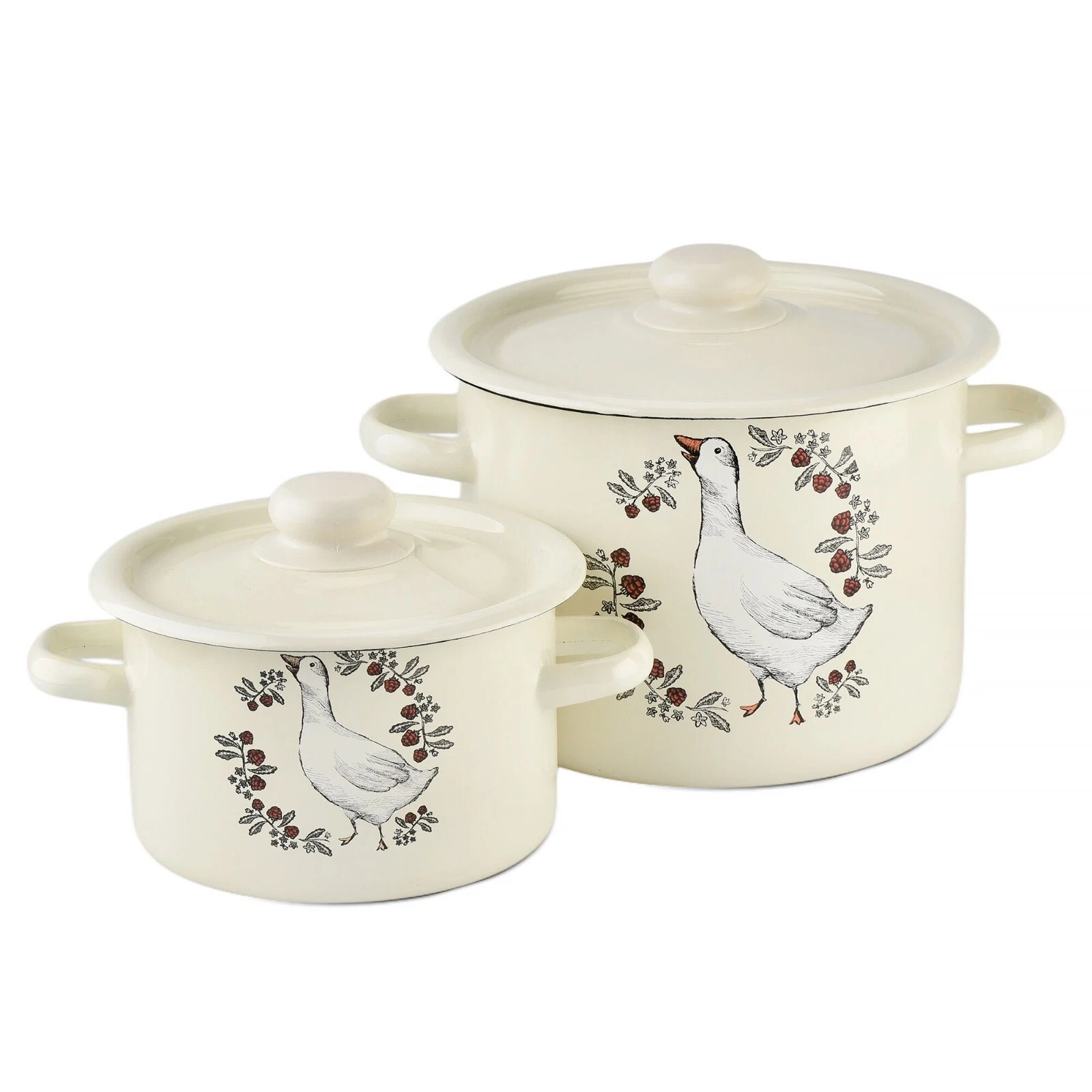 Novomoskovsk Goose Enamel Stockpot Set Vintage Cooking Pot Set [2 qt, 5 qt]