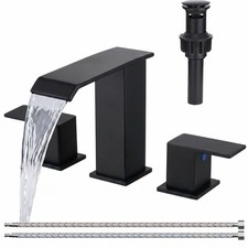 Matte Black Waterfall Bathroom Faucet 3 Hole, 8 Inch Widespread Modern 3 Piec...