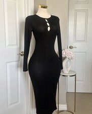 Fashion Nova Black Ribbed Midi Dress w/ Keyhole Cutout and Back Slit Sz M