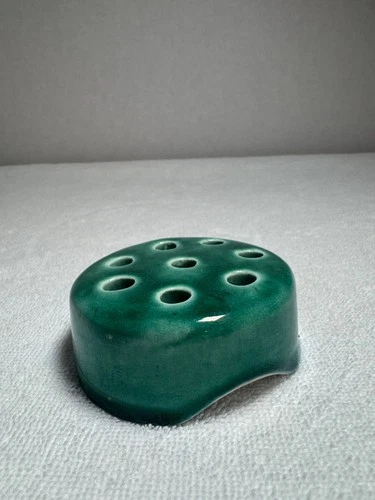 Vintage Ceramic Flower Frog Weller Pottery Green 8 Holes 3-Inches MCM USA