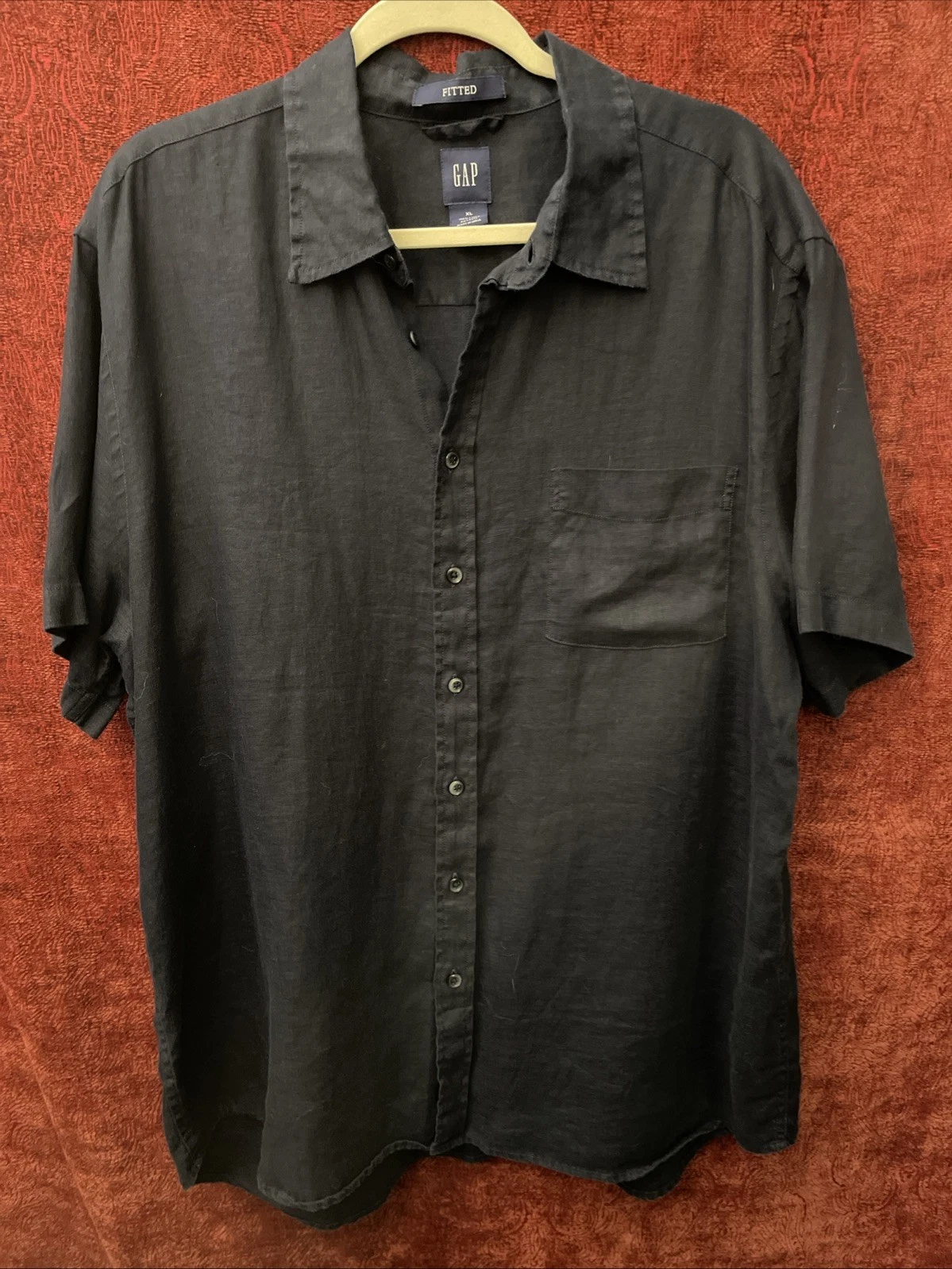 Fitted Linen Shirt Mens XL Navy Short Sleeve Coastal Beach