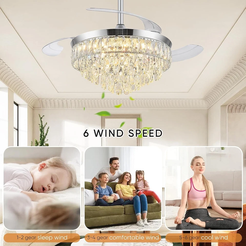 42'' Chandelier Ceiling Fan with Lights, Retractable 42 Inch, Chrome - Image 3 of 4