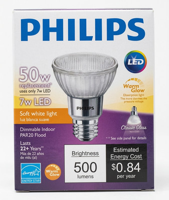 Philips 471136 7W Dimmable LED PAR20 Bulb, 500 Lumens, 2200K 2700K Warm Glow