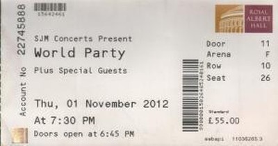 World Party Royal Albert Hall, 01 November 2012 ticket UK Sjm 2012 Used ticket