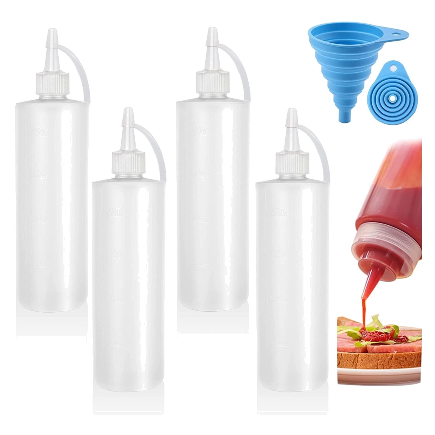 4 Squeeze Condiment Bottles with Twist On Cap Lids, 200ML Multipurpose Bottles