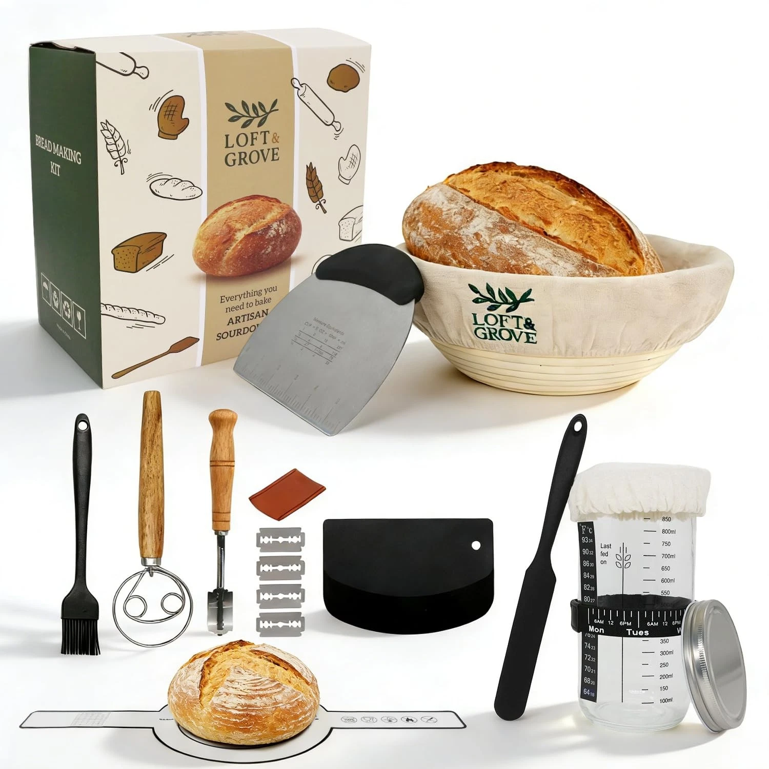 Sourdough Starter Kit – Complete Bread Baking Kit with 9” Banneton Proofing B...