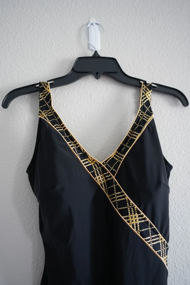 Винтажный цельный купальник Roxanne черное золото геометрический 14/36/D 14 36 D США - Изображение 2 из 4