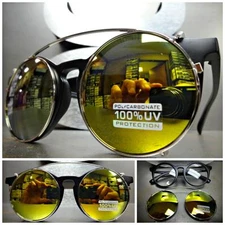 VINTAGE 60s Style Clear Lens CLIP ON SUN GLASSES Round Matte Black Fashion Frame