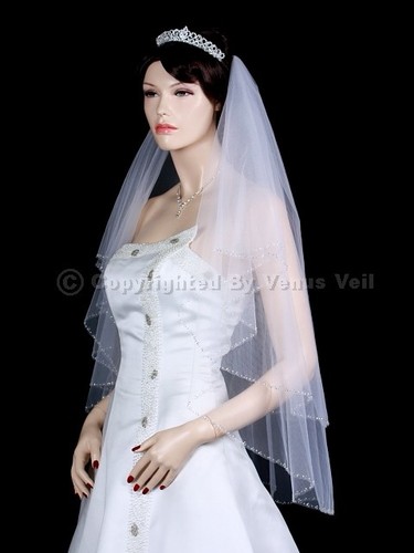 Handmade 2T White Fingertip Length Silver Bugle Beaded Edge Bridal Wedding Veil - Picture 3 of 5