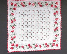 Red Roses Vintage Handkerchief Scalloped Hem Rose Buds Daisies Something Old