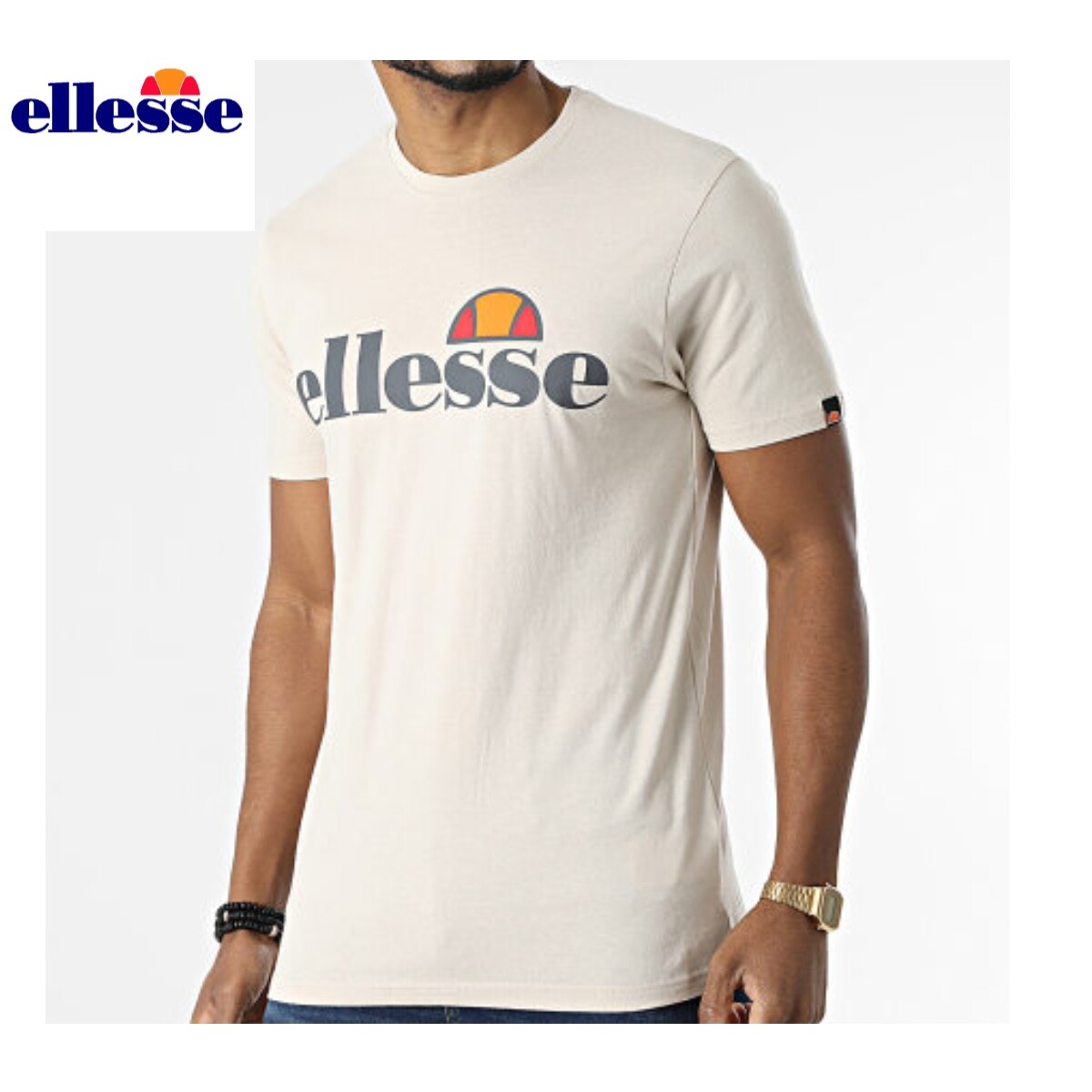 ellesse T-Shirt Sports Logo Tee Cotton Retro Crew Top Beige