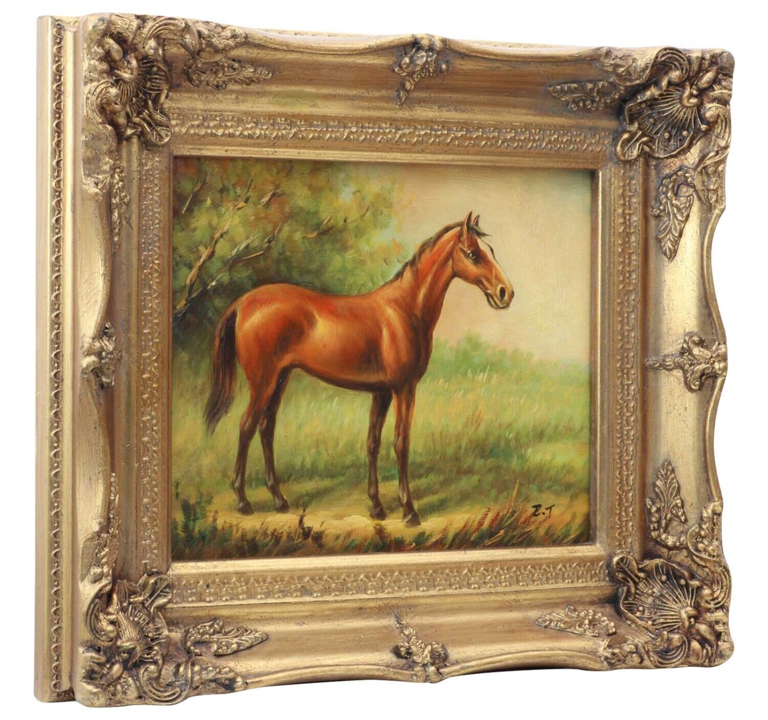 Original Ölgemälde Pferd Reiten Gemälde Rahmen Antik-Stil 37x32cm