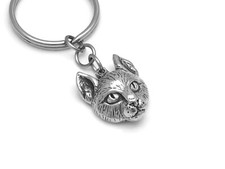 Cat Face Keychain, Handmade Kitty Head Keyring in Pewter
