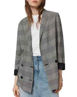 ALLSAINTS Blazer Womens Size 00 Grey Plaid Double Breasted Relaxed Helei Sera