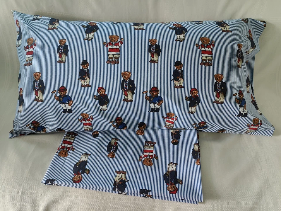 Ralph Lauren POLO TEDDY BEAR Blue Striped 2 KING Pillowcases New - Image 2 of 4