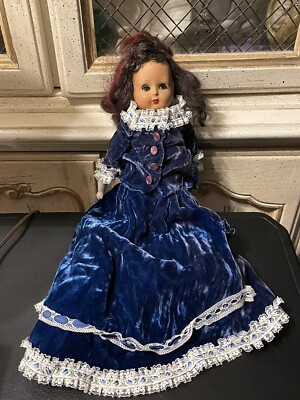 Rare VTG Furga Italy Alta Moda Doll Glass Eyes Metal Head Velvet Blue Dress